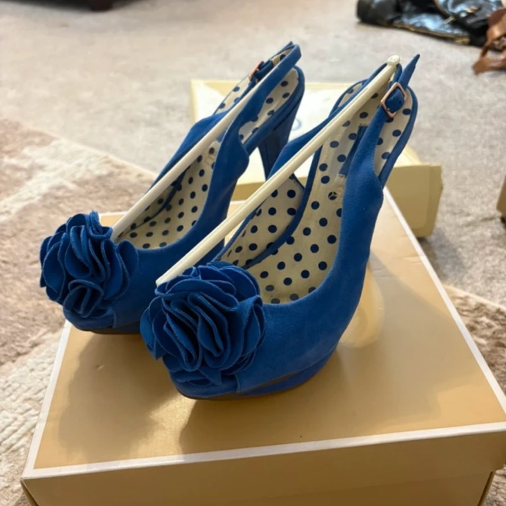 Next Vibrant Blue Slingback Heels with Floral Accent